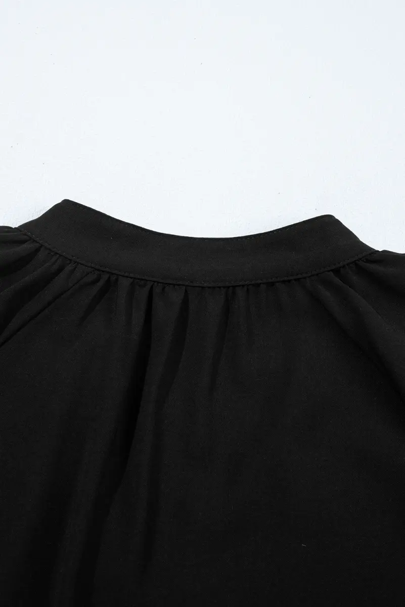 Black Bow Decor Puff Sleeve Split Neck Blouse for Women - Love Salve